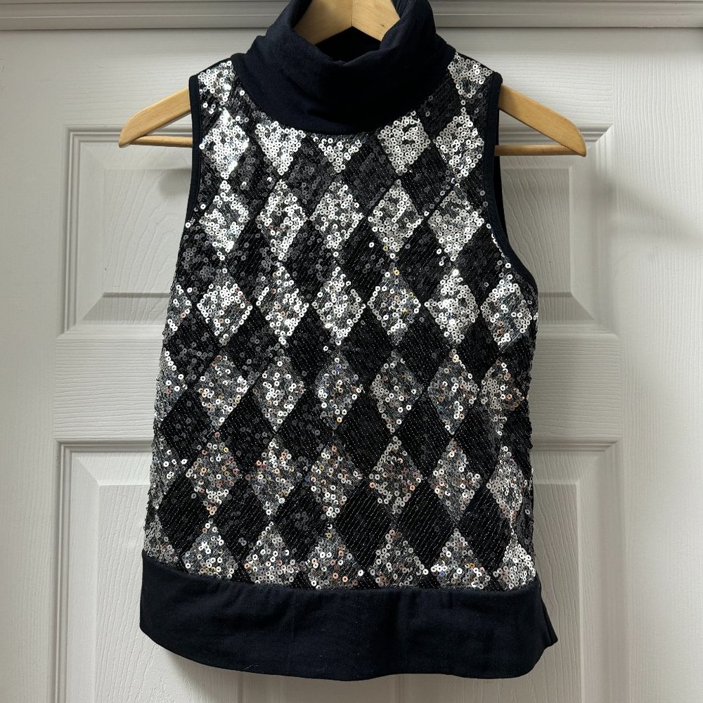 NWT John Baner sequin argyle diamond front sleeveless top turtleneck size medium
